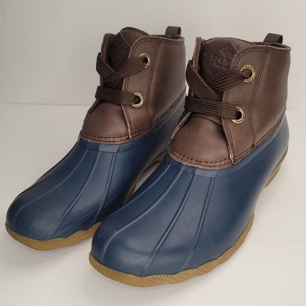 Sperry Saltwater Womens Duck Boots Size 9.5 Blue Brown Leather Rain STS84825